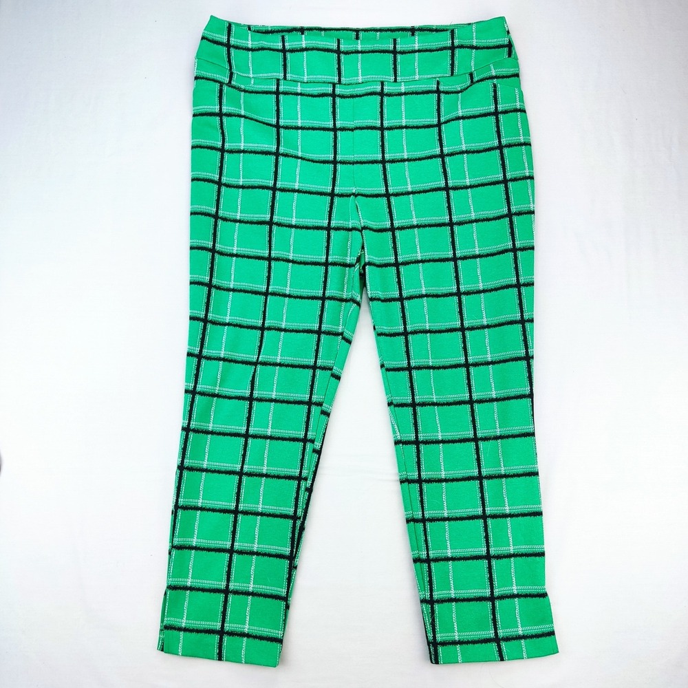 NY&C Pants Womens XL Green Plaid Ankle Pull On Grid Stretch Trousers